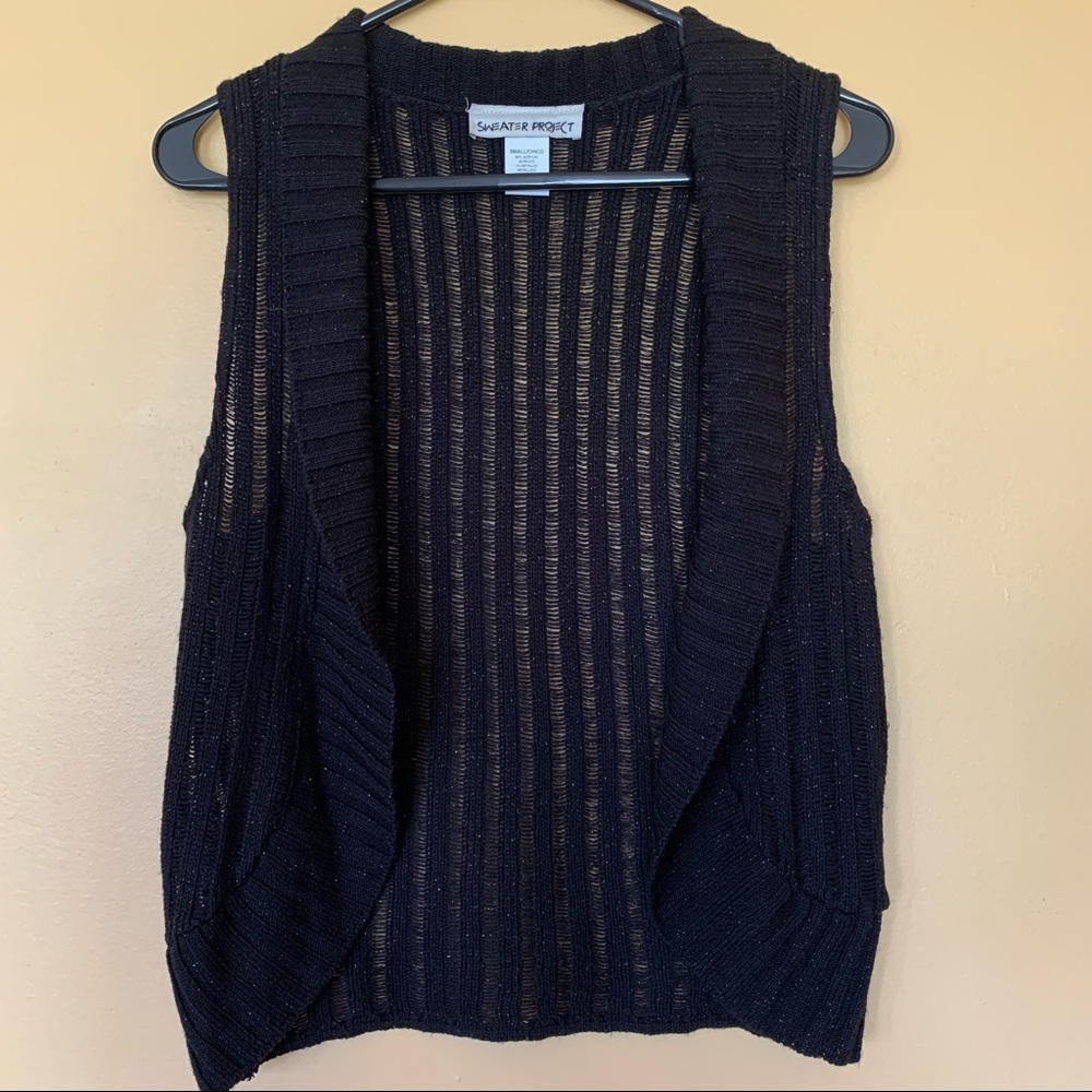 Sweater Project Y2K 90s Black Metallic Short Sleeveless Open Cardigan Size Small
